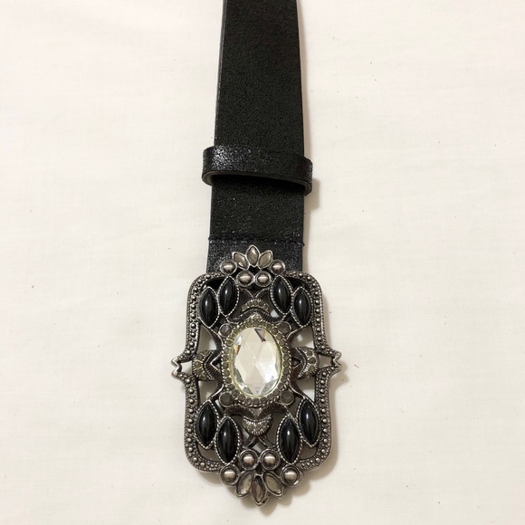 Express Women’s Black Faux Leather Belt, Fancy Rectangle Buckle with Crystals- M - Picture 8 of 17